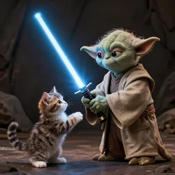 Jedi master yoda teaching a kitten how to use a lightsaber