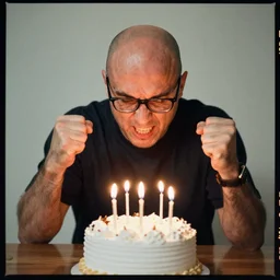 an angry bald man in his 3 0 s, wearing glasses, smashing a birthday cake with his fists, candlelight, kodak portra, f 1. 8