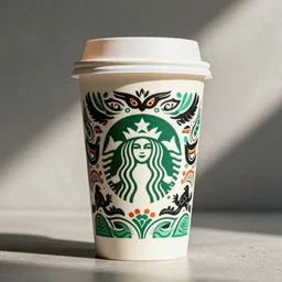 Starbucks coffee cup design inspired by the Haida Gwaii raven spirit, symmetrical, high detail, product photo