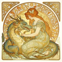 girl petting a dragon intricate illustration by krenz cushart, alphonse mucha, artgerm, trending on artstation