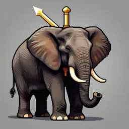 a 1 bit grpahical render of an elephant with a golden sword in the background, 1 bit image.