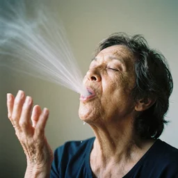 analog photographic portrait with 5 0 mm lens and f / 1 2. 0 of a 1 1 5 years old woman woman with her eyes closed and spurting from her mouth a white viscous fluid floating in the air. with a slight variation of light in the liquid and gesture.