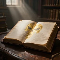ancient dimly lit fantasy punisher library with open punisher leather bound book laying open to a page featuring gold inlay punisher symbol. background light rays in dust