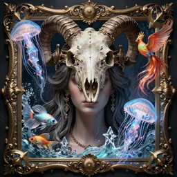 baroque bedazzled gothic royalty frames surrounding a goddess macro close - up portrait wigh crown made of ram skull. betta fish, jellyfish phoenix, bioluminiscent, plasma, ice, water, wind, creature, super intricate ornaments artwork by tooth wu and wlop and beeple and greg rutkowski