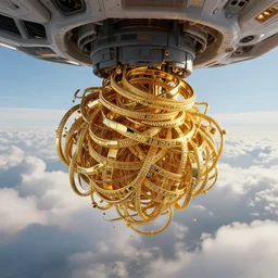 rising into a spaceship with an armful of solid gold bracelets, by greg rutkowski, michael kaluta and artstation, epic atmosphere, clouds, photorealism, complex color scheme, uhd