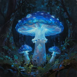 A huge glowing blue mushroom inside a rainforest, eerie vibes, dark colors, oil painting, hyperrealism