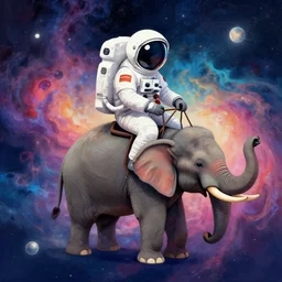 astronaut riding an elephant!!! in space, colorful nebula in the background, digital painting,