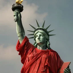 award winning photo of the Statue of Liberty wearing Handmaid's Tale Costume, red robe, white bonnet, dramatic, cinematic lighting, 4k