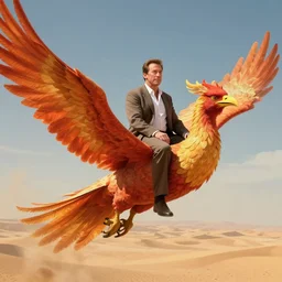 arnold schwarzenegger sitting on a giant flying phoenix in the desert, cinematic shot, digital illustration, art by greg rutkowski, epic, fantasy, amazing detail, intricate