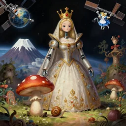 On the morning of the robot queen's coronation, The Mekanik Doll, an elderly mushroom walking their pet snail, Mount Fuji seen from the International Space Station, the theme of Alice in Wonderland, digital painting, concept art, illustration, deep dark, artstation, intricate, beautiful and thematically complex, ue5, by deiv calviz and bossmonsterbani