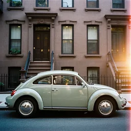 A photo of a VW Beetle parked on the street in Brooklyn NY in front of a brownstone, taken with a Pentax K1000, lens flare ,movie poster