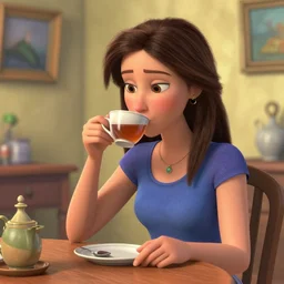 a woman drinking tea by (((Pablo Picasso))) by Pixar!!!