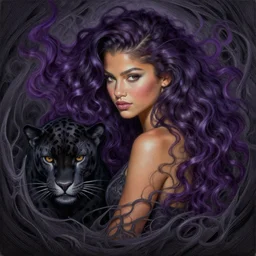zendaya with wavy dark purple hair coming out of the abyss with a panther, ultrafine hyperrealistic fantasy oil painting, art by ida outhwaite and loish, trending on artstation, intricate linework, sharp focus, smooth, unreal engine, dramatic lighting, 8 k