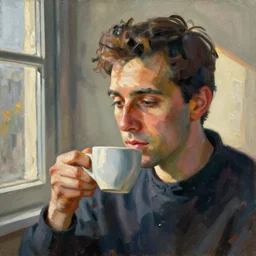 It's morning. Sunlight is pouring through the window bathing the face of a man enjoying a hot cup of coffee. A new day has dawned bringing with it new hopes and aspirations. Painting by Pablo Picasso, 1929