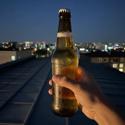 Holding beer on the roof at night, POV, ultrarealistic,8K,