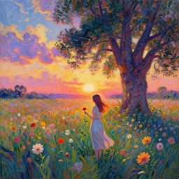 girl becoming flower, standing in a flower field, big trees, sunrise dramatic light, impressionist painting, colorful clouds, digital painting, pointillism, artstation, simon stalenhag