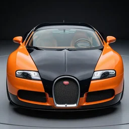 a professional photo of an orange and black bugatti veyron, close up, front facing