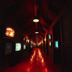 volumetric shadows, volumetric lighting, black goya painting of underground, basement, fisheye, curved perspective, naive, extra narrow, modern hallway, many old tvs, staricase, doors, red large floor, by rhads and gaudi