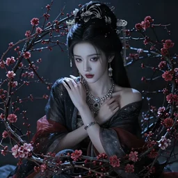photography of the asian queen sitting in the flower thorn, beautiful face, masterpiece costume, jewellery, high quality, elegant, emotionally touching, cool, deep gaze, mystery, tenderness rehahn style
