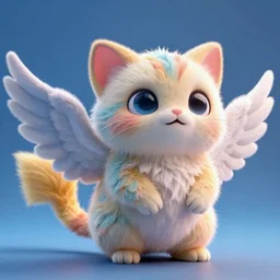 high quality 3 d render hyperrealist very cute multipastel fluffy! one - eye cat tarsier hybrid with detailed fluffy wings!!, vray smooth, in the style of detective pikachu, hannah yata charlie immer, dramatic blue light, low angle, uhd 8 k, sharp focus