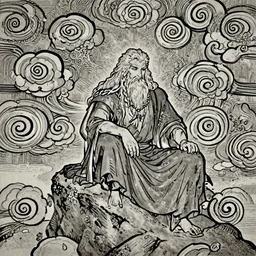 a wise prince with long hairs sitting  on a rock, swirly clouds in the background, art by James Jean and Wayne Barlowe and moebius, black and white ink, high details , cinematic, cgsociety 8k