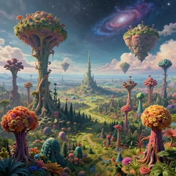a view of a surreal alien variated planetary fractal landscape with gigantic and small colorful weird trees and flora in a large alien forest and sizes scattered across the vast landscapes, surreal clouds, floating islands, 4 k, retro, detailed, vibrant, weird skies, extradimensional, stars, galaxies, trending on artstation