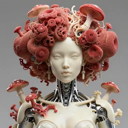 intricate hyper detailed ultra sharp focus front shot 3 d render of a beautiful porcelain ivory afro albino cyborg woman, up close shot, f 2. 8 1 5 0 mm, sharp focus, alexandre ferra, elegant bionic silver cyberpunk mechanical haute couture red fractal intricate mushroom sponge corals, brackets, mushrooms, puffballs, rhizomorphs head ornaments, sinuous roots, octane render, volumetric cinematic lighting, 8 k,