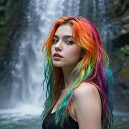 hyperealistic woman with rainbow hair by waterfall