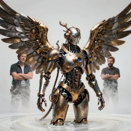 a beautiful intricate fine art portrait photo of a a mechanical industrial steampunk cybernetic angel with wings, by tom bagshaw and zach sutton, perfection!, milk bath photography, studio lighting, 3 5 mm lens, very detailed, bionic, cybernetic scifi, deep depth of field, artstation, 8 k, highly coherent