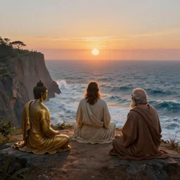 a stunning matte landscape painting of jesus of nazareth meditating on a cliff with buddah and socrates, facing away from the camera watching the sunrise over the ocean, turbulent ocean in the background, sunrise, intricate, elegant, highly detailed, artstation, ultra sharp focus, octane render, volumetric lighting, art by greg rutkowski and rembrandt