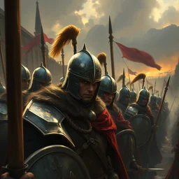 marching army of slavic knights through ancient lands, intricate details, detailed face, detailed armour, artstation, epic scenery, ambient light, cinematic, digital painting by marco bucci