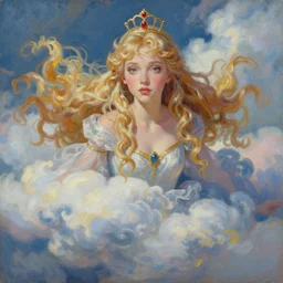 painting by krenz cushart, portrait of a charming luna princess, floating in the cloud, finely detailed features, intricate brush strokes, beautiful lighting, trending on pixiv fanbox.