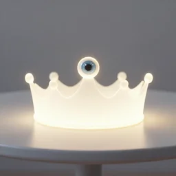 a glowing minimal elegant crown sitting on a table with one beautiful eye on top of it like a jewel, one pupil in the eye, shining stars on top of the crown, night time, vast cosmos, geometric light rays exploding outwards into stars, bold black lines, flat colors, minimal psychedelic 1 9 5 0 s poster illustration