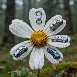closeup of a flower made up of automobile parts in a forest with rain