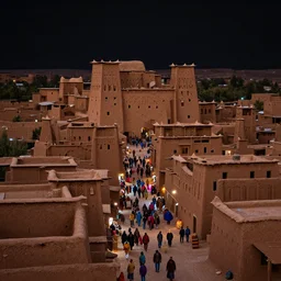 in the middle of a adobe house kasbah town, mud and brick houses, merchant street, pueblo dense architecture, narrow streets, colorful crowd. Scenic view at night, underexposed, clean horizon, matte painting by craig mullins and Anato_Finnstark, dark fantasy, style of game of thrones, concept art trending on artstation, 4k, insane details