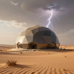 a city futuristic hexagonal dome on a desolated dry lone desert, digital art, dramatic lightning, realistic, cinematic, high depth field, golden hour, trending on artstation