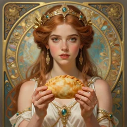 Anya Taylor Joy holding up an empanada with her hands as a Greek Goddess, cute, fantasy, intricate, elegant, highly detailed, digital painting, 4k, HDR, concept art, detailed jewelry, smooth, sharp focus, illustration, art by Artgerm and H R Giger and Greg Rutkowski and Alphonse Mucha