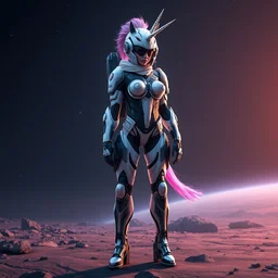 beautiful feminine cyborg in full body space suit, unicorn helmet, steel boots, concept art by artgerm, photoshoot, intricate, highlydetailed, space background, artstation 4 k raytracing, shadows, highlights, illumination - n 4