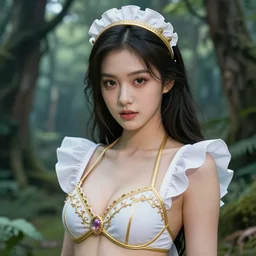 A beautiful maid wearing a magical bikini posing in a magical forest, beautiful face, highly detailed face, close-up, fantasy art, in the style of greg rutkowski, illustration, epic, fantasy, intricate, hyper detailed, artstation, concept art, smooth, sharp focus