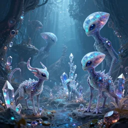 a alien world with alien animales made of crystal gems, bioluminiscense, fantasy art