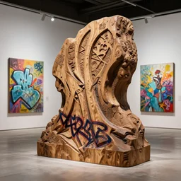 3 d octane render ultra photo realistic image, sculpture carving wooden graffiti occult streetart cyberpunk, on the art contemporary gallery art