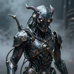 a close up sci fi horror quarter - length portrait of a shadow demon fused into massive wires and wearing sci fi armor, cinematic lighting, smooth, high detail, glowing eyes, studio quality, unreal engine, octane render, by vitaly bulgarov artstation, by alexandros pyromallis, fog volumes, metal panels, greeble detail, cgsociety