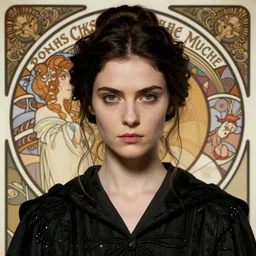 portrait 6 0 - year - old woman, tall, severe - looking, with dark hair tied up in a bun, mcgonagall, wearing in black clothes, hyper realistic face, beautiful eyes, fantasy art, in the style of greg rutkowski, intricate, alphonse mucha, hyper detailed, smooth
