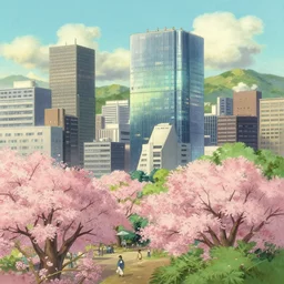 japanese modern city, spring, in the style of studio ghibli, j. c. leyendecker, greg rutkowski, artem