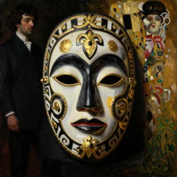 highly detailed oil painting | very intricate | cinematic lighting | black, white and gold color scheme, dark background | the yoruba mask by alexander mcqueen | by roberto ferri, by gustav moreau, by singer sargent and klimt, american romanticism, by austin osman spare, artstation, cgsociety, official art, octane