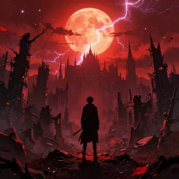 populated bloodborne old valley with a dark person at the centre and a ruined gothic city in the background, trees and stars in the background, falling red petals, epic red - orange moonlight, perfect lightning, wallpaper illustration by niko delort and kentaro miura, 4 k, ultra realistic, upscaled