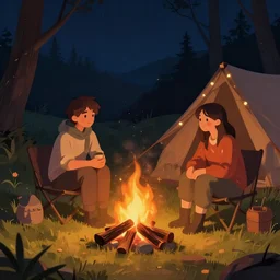 guy and girl sitting beside cozy campfire at night, fantasy digital art