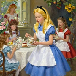 “Alice at a tea party by Thomas Kinkade, Alice in Wonderland, trending on Artstation”