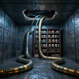 worms eye view of a metal room with large tubes and cables coming out of a hole in the ceiling and a bookshelf filled with skulls on the back wall, blue light, dramatic lighting, moody lighting, golden ratio, rule of thirds, matte painting, concept art, illustration, environmental art, environmental design, 8 k, realistic lighting, realistic shading, octane render