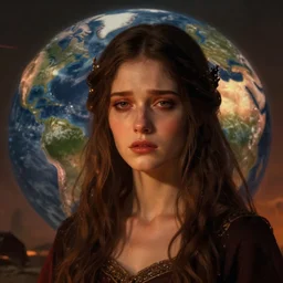 a portrait of a very beautiful woman with sad face, post apocalyptic earth in the background as seen by greg rutkowski, dark theme, enchanted, warm colors, high quality, waw, trending on artstation